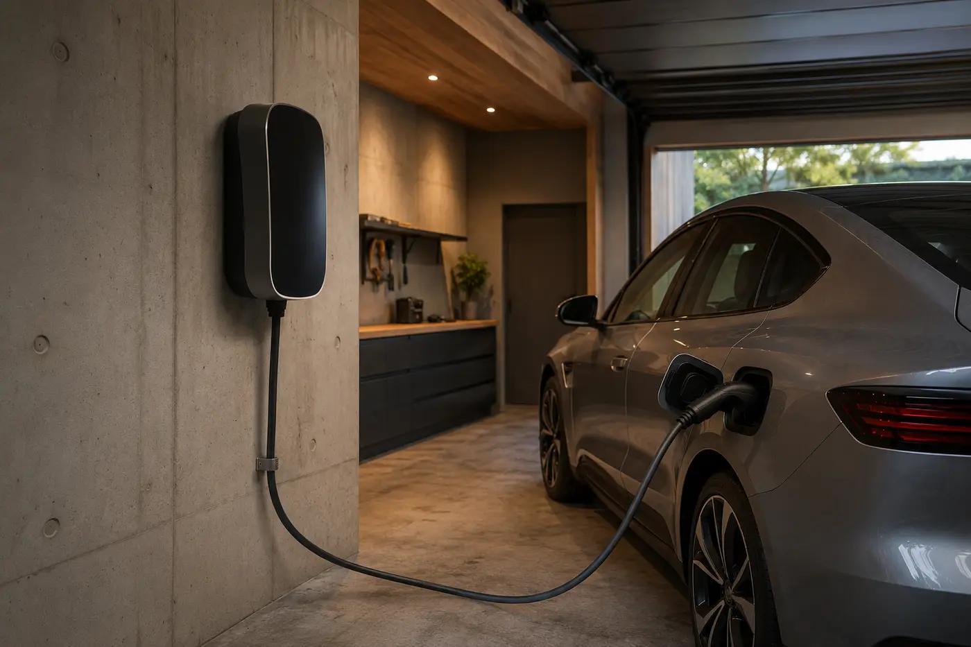 Kapalı garajda elektrikli araca bağlı 22 kW şarj istasyonu