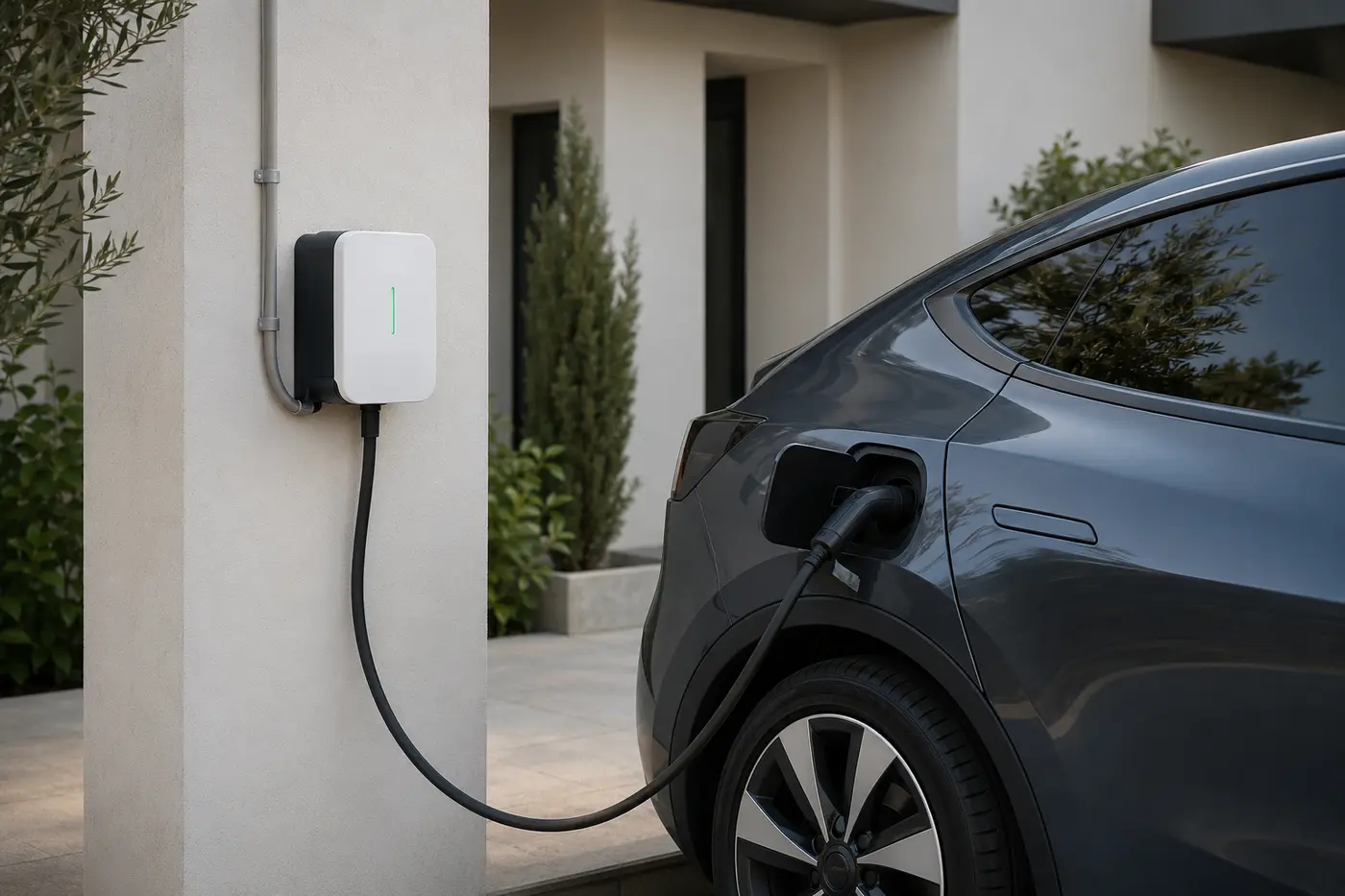 Modern bir evin girişinde kurulu 7 kW elektrikli araç şarj istasyonu