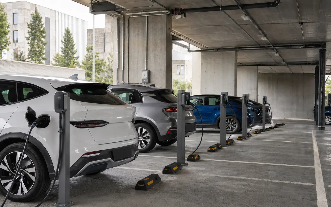 Modern bir otoparkta birden fazla AC elektrikli araç şarj istasyonu