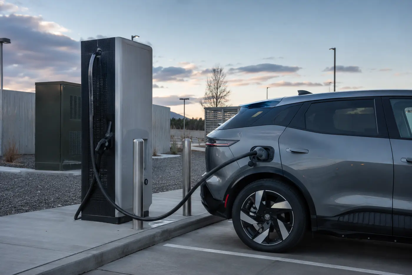 Ticari bir alanda elektrikli araca bağlı hızlı DC şarj istasyonu